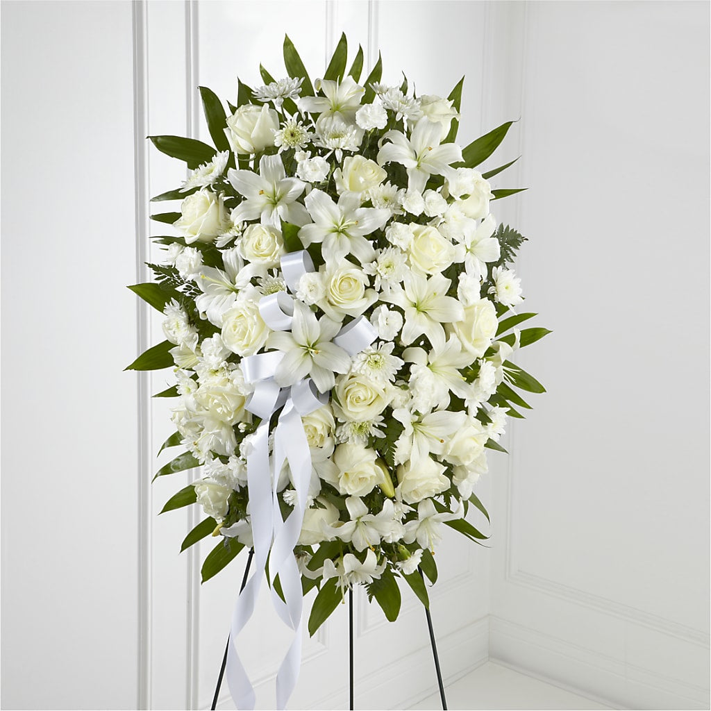 Exquisite Tribute Standing Spray-White Ribbon – ROY'S FLORIST, Winnipeg MB