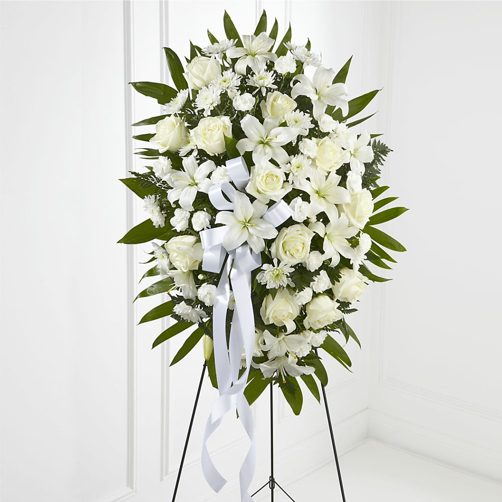 Exquisite Tribute Standing Spray-White Ribbon – ROY'S FLORIST, Winnipeg MB